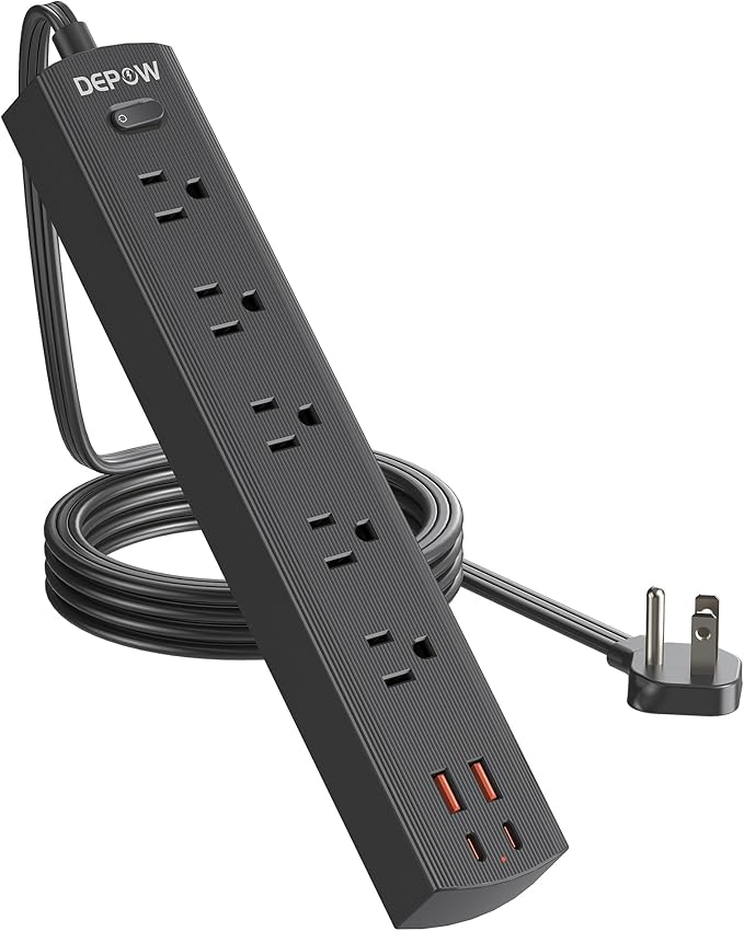 Black Surge Protector Power Strip, Ultra Thin 5 Ft Flat Plug Extension Cord, 1700 Joules, 5 Widely Spaced Outlets with 4 USB Ports (2USB-C), 1875W/15A, Wall Mount for Home Office, Black