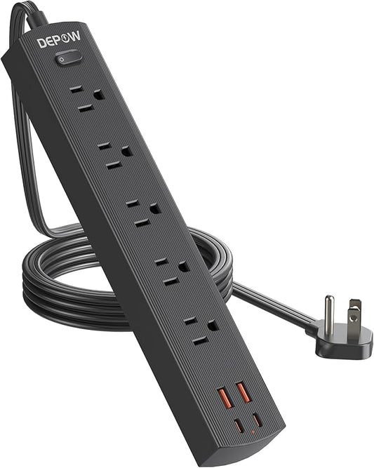 Black Surge Protector Power Strip, Ultra Thin 5 Ft Flat Plug Extension Cord, 1700 Joules, 5 Widely Spaced Outlets with 4 USB Ports (2USB-C), 1875W/15A, Wall Mount for Home Office, Black