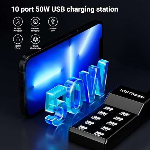 USB Charging Station 50w10A 10-Port Charger, Multiport Charger Hub, Compatible with iPhone, Galaxy, iPad Tablet, and Other Devices（Black）