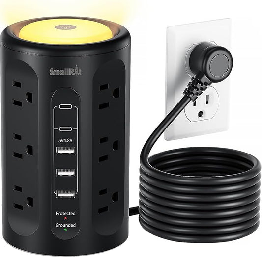 Surge Protector Power Strip Tower with 5 USB Ports and Night Light,10FT Extension Cord with 12 AC Multiple Outlets (Black, 10FT)