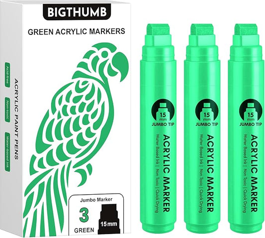 3 Pcs Green Jumbo Permanent Markers: 15mm Wide Tip Thick Acrylic Paint Pen Large Calligraphy Marker for Rock Painting, Poster, Sign, Canvas, Glass, Wood, Ceramic
