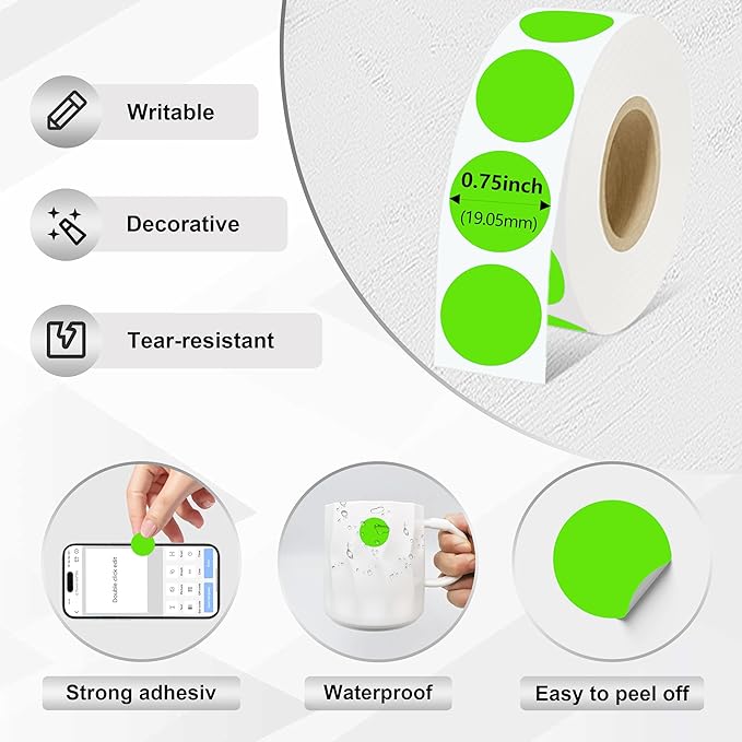 3/4 inch Round Thermal Labels 0.75 inch Colored Circle Dots Stickers Roll for Thermal Print, Self-Adhesive Light Green Color Coding Labels for Office, Student Classroom, 1000pcs
