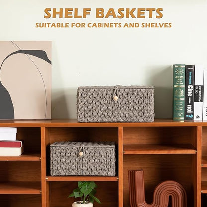 OIAHOMY Wicker Storage Basket with Lid & Lock, Lidded Storage Bins, Decorative Baskets for Organizing, Set of 2-Grey