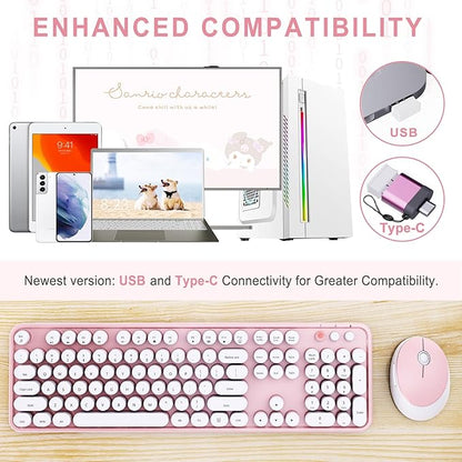 Wireless Keyboard and Mouse Combo, Ergonomic Full Size Typewriter Retro Round Keycaps Keyboard, Compatible with Windows, PC, Perfer for Home and Office Keyboards (Lovely Pink)