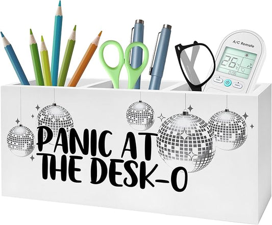 Funny Trendy Disco Ball Pencil Pen Holder for Desks, Panic at the Desk-O Mental Health Wooden Pencil Holder Organizer for Home Office Desk Accessories, Office Humor Gifts for Women