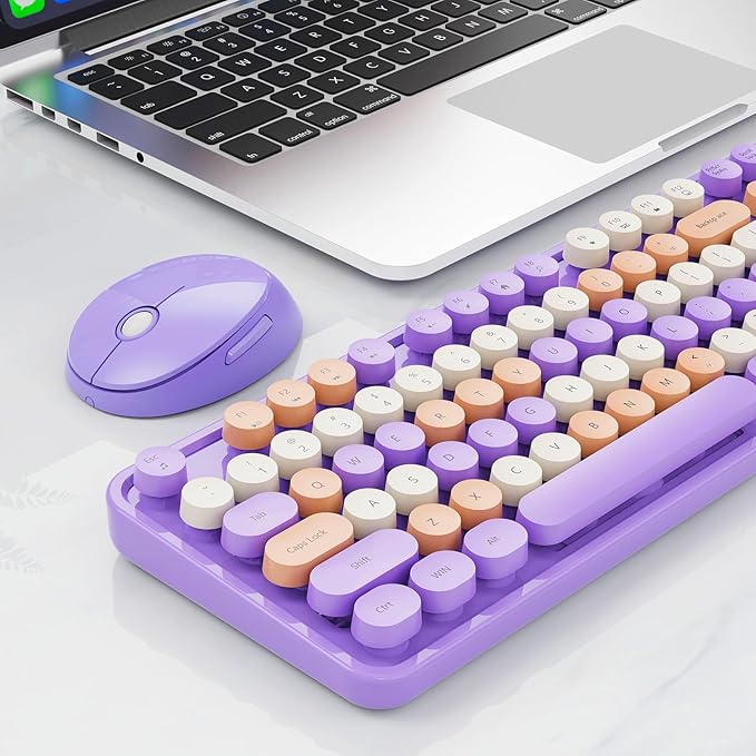Wireless Keyboard and Mouse Combo, Retro Typewriter Keyboard with Round Keycaps, Full-Size Ergonomic, Purple, Ideal for Windows PC, Home, Office, and College