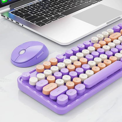 Wireless Keyboard and Mouse Combo, Retro Typewriter Keyboard with Round Keycaps, Full-Size Ergonomic, Purple, Ideal for Windows PC, Home, Office, and College