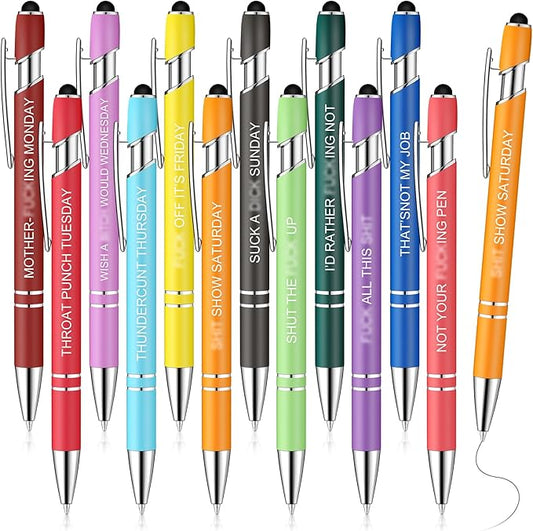 Zonon 12 Pcs Inspirational Pens Bulk Funny Ballpoint Pen with Stylus Tip Motivational Gifts for Christmas Teacher Coworkers Nurse School Office Supplies(Fancy Color,Funny Week)