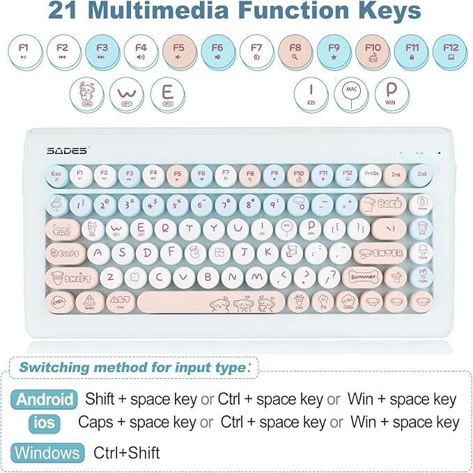 Wireless Bluetooth Keyboard for iPads Tablet Mac PC Laptop Desktop Smart Phone,Cute Typewriter Style Computer Keyboard with Round Raised Keys,Colorful Mini iPad Keyboard for Kids Girl Women-Cream Blue