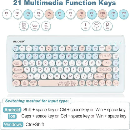 Wireless Bluetooth Keyboard for iPads Tablet Mac PC Laptop Desktop Smart Phone,Cute Typewriter Style Computer Keyboard with Round Raised Keys,Colorful Mini iPad Keyboard for Kids Girl Women-Cream Blue