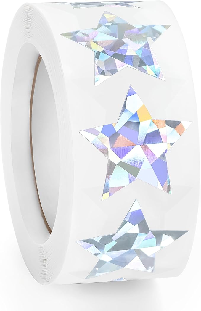 500 PCS Holographic Silver Star Stickers, 1 inch Self Adhesive Metallic Glitter Foil Stickers Sparkly Star Sticker Reward Behavior Chart Labels for Kids Students Teachers Supplies