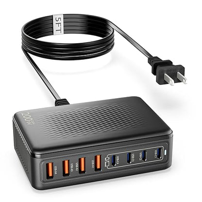 USB C Charger Block, 200W GaN 8 Port USBC Charging Station USB Hub Block Cube with PD3.0 Type C & USB A Wall Charger Power Adapter for Multiple Devices Apple iPhone 17/16/15,MacBook Pro/Air,iPad-Black