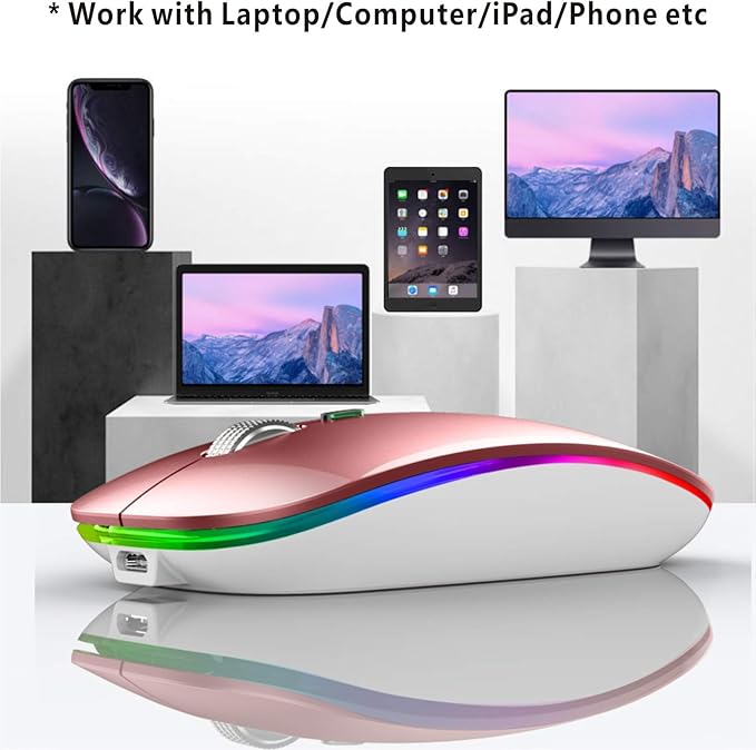 TENMOS Wireless Bluetooth Mouse, LED Slim (BT 5.1 + USB) 2.4GHz Rechargeable Silent Mouse with Type C Adapter for Laptop/MacBook/iPad OS 13 and Above (Rose Gold)