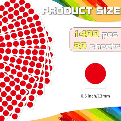 Starboling Dot Stickers - 1400pcs Self-Adhesive Writable Color Coding Labels, 1/2 Inch Red Circle Stickers for Office, Classroom, Garage Sale