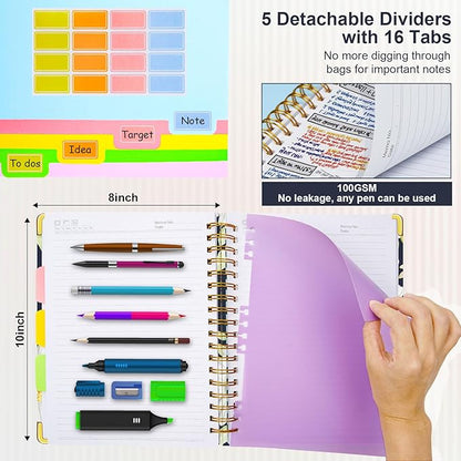 Spiral Journal Notebook for Work, 300 Pages 5 Subject Notebook College Ruled with Dividers & Tabs, 8''x 10'' Large Cute Notebooks Journal for Women Students Note-Taking and Organizer (White Daisy)