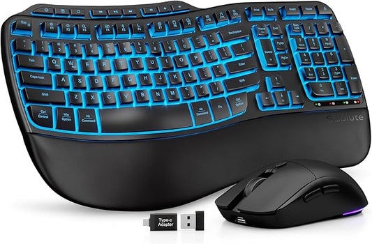 Ergonomic Wireless Keyboard and Mouse Combo, Rechargeable 4000mAh Backlit Keyboard with a Soft, Faux Lambskin Palm Rest, Wave Keys for Natural Typing, Compatible with Windows/Mac/Chromes OS—SABLUTE