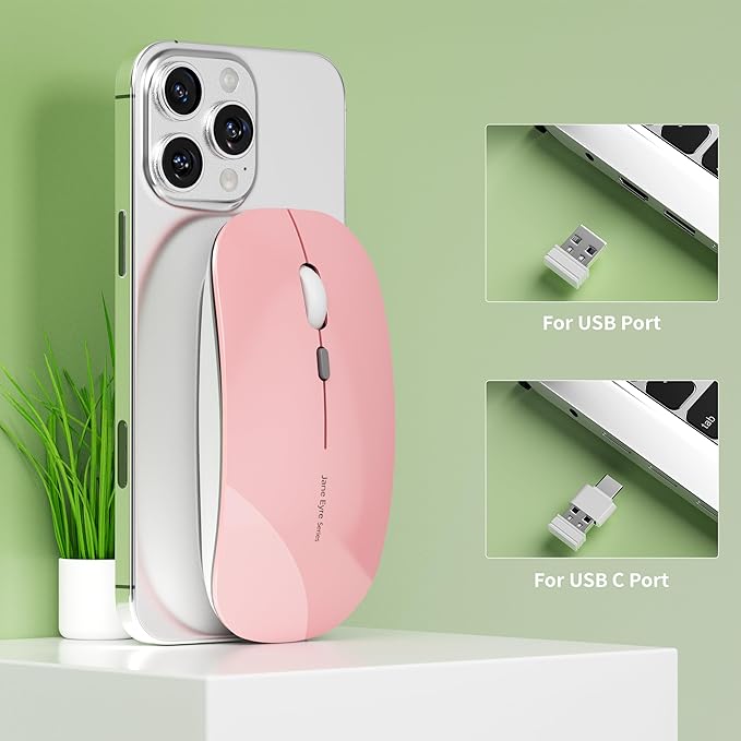 Uciefy Q5 Slim Rechargeable Wireless Mouse, 2.4G Portable Optical Silent Ultra Thin Wireless Computer Mouse with USB Receiver and Type C Adapter, Compatible with PC, Laptop, Desktop (Pink)