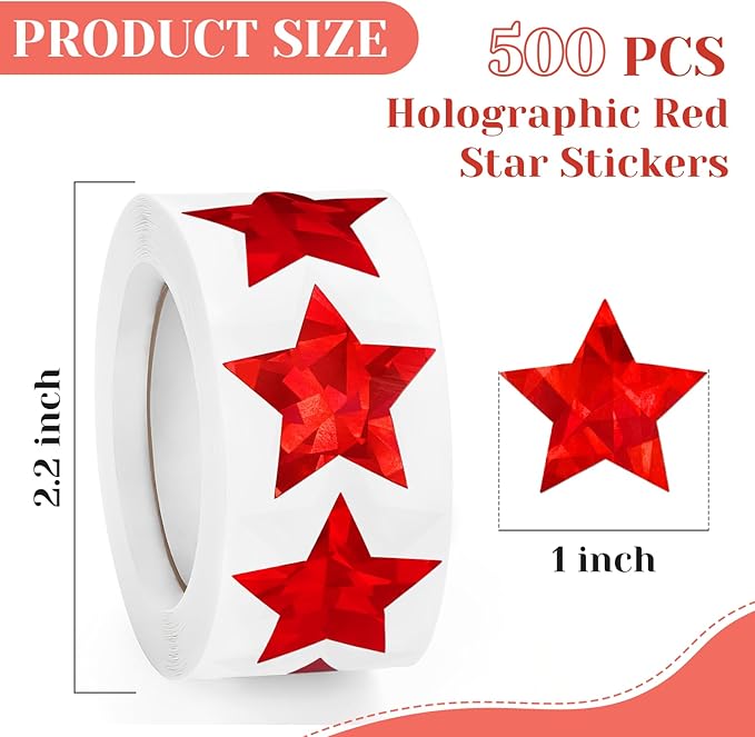 500 PCS Holographic Red Star Stickers, 1 inch Self Adhesive Metallic Glitter Foil Stickers Sparkly Star Sticker Reward Behavior Chart Labels for Kids Students Teachers Supplies