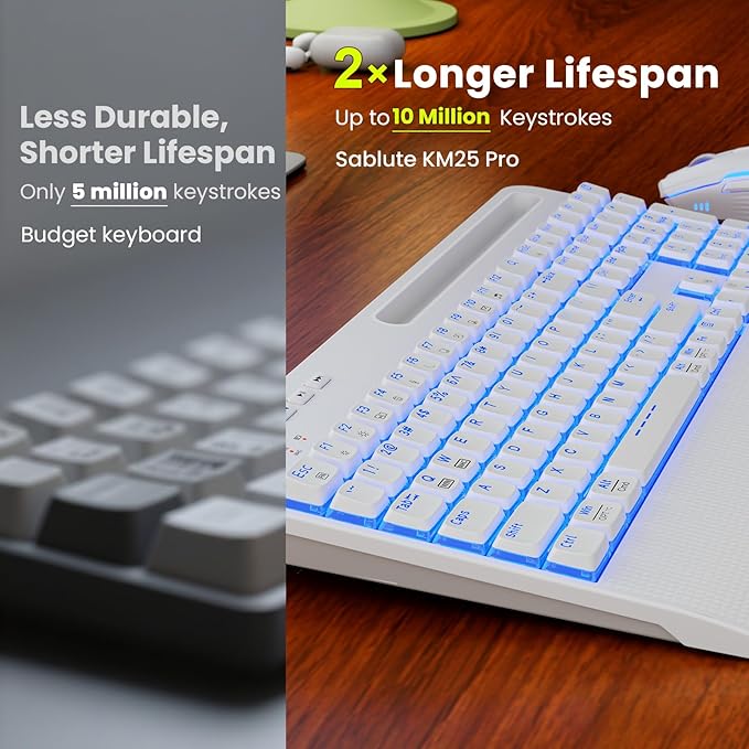 White Keyboard and Mouse Wireless Combo, 4000mAh Rechargeable Backlit Quiet Keyboards mice set, USB Ergonomic Key Board with Wrist Rest & Phone Holder for PC, Mac, Windows, Natural Soft Typing—SABLUTE