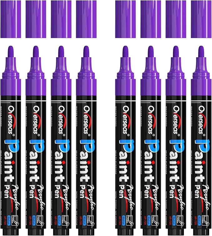 Overseas Purple Acrylic Paint Markers - 8 Pack Medium Tip Acrylic Paint Pens, Water Based, Quick Drying, Waterproof, Non Toxic Permanent Markers for Rock, Wood, Plastic, Metal, Canvas, Glass, Fabric