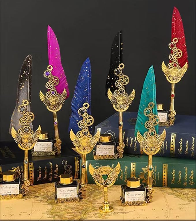 Quill Feather Pen and Ink Set,Calligraphy Set,Calligraphy Kits Include Antique Quill Feather Pen,Handcraft Wooden Pen,6 Nibs,2 Bottles Inks,Pen Holder for Beginners Birthday Gift（blue）