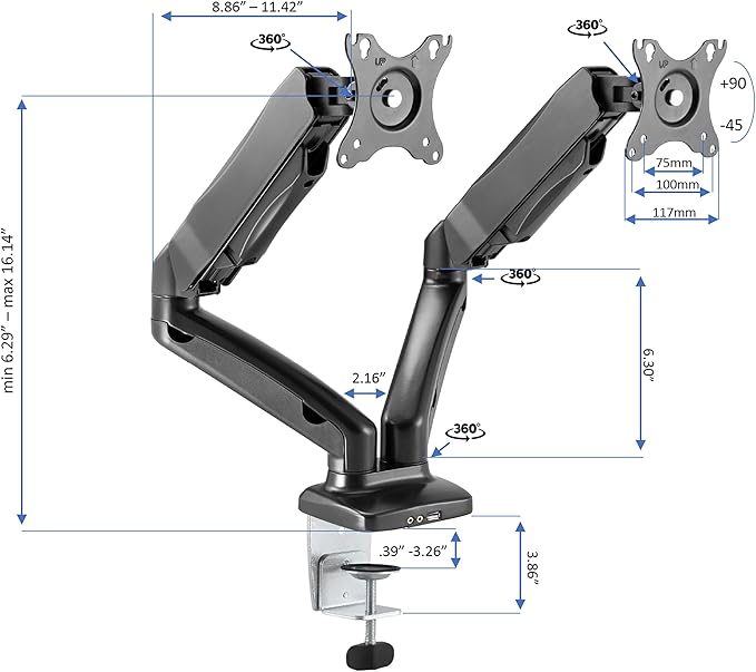 Rocelco 40" Height Adjustable Standing Desk Converter with AC Outlet USB Charger and Dual Monitor Arm Mount - Sit Stand Up Tabletop Riser - Sliding Keyboard Tray - Black (R DADRB-40-ACUSB-MA2)