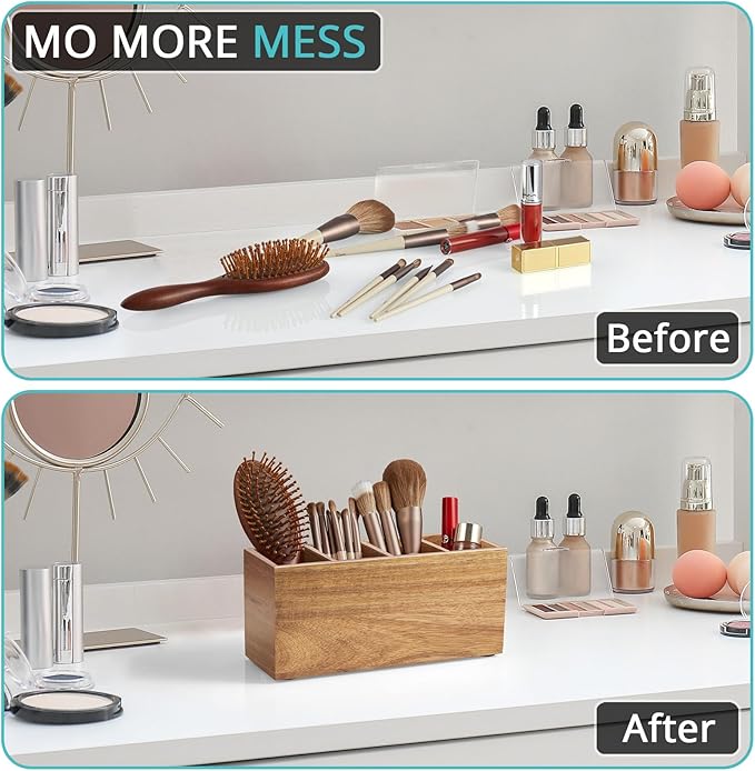 Bivvclaz Pencil Pen Holder for Desk, Acacia Wood Office Desk Organizers and Accessories with 4 Slots for Countertop, Makeup Brush Holder Organizer for Bathroom Vanity, Silverware Caddy for Party