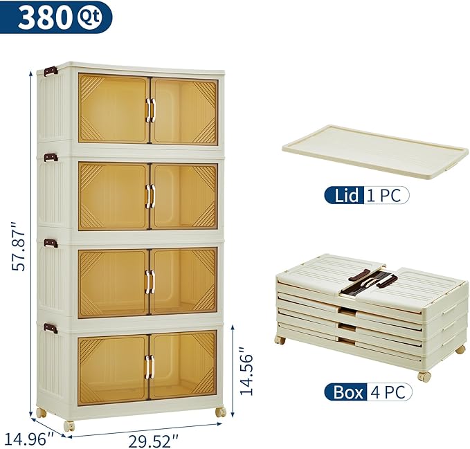 Garvee 380QT Stackable Storage Bins, Plastic Bins for Storage with Lids, Plastic Storages Drawers with Magnetic Doors & Wheels, Foldable Collapsible Closet Organizers for Home, Dorm, Office, White