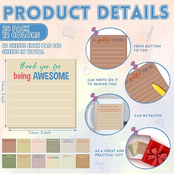 Yinder 24 Pcs Employee Appreciation Sticky Notes Xmas Gift Bulk Motivation Note Pads Mini Inspirational Note Gift for Teacher Nurse Staff Coworker Office Supply 3 x 3'' (Appreciation,Boho Color)