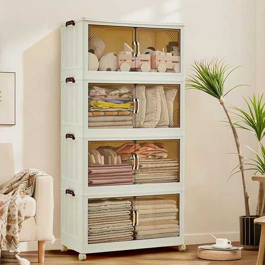 Garvee 192QT Stackable Storage Bins, Plastic Bins for Storage with Lids, Plastic Storages Drawers with Magnetic Doors & Wheels, Foldable Collapsible Closet Organizers for Home, Dorm, Office, White