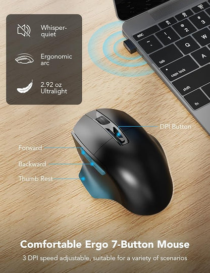 Wireless Keyboard and Mouse Combo – Ergonomic Wave Key, Built-in Leather Soft Palm Rest, 2.4G Full Size, 8 Hotkeys, 6-Button Mouse with 4-Level DPI, Dual USB-A/USB-C, Windows & macOS Compatible