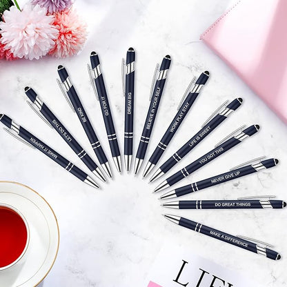 Zonon 12 Pcs Inspirational Pens Bulk Funny Ballpoint Pen with Stylus Tip Motivational Gifts for Christmas Teacher Coworkers Nurse School Office Supplies(Navy,Motivational Style)