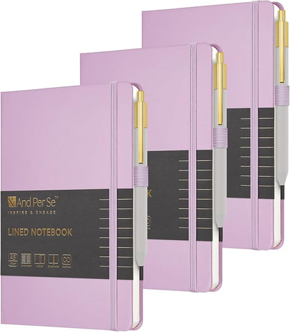 &And Per Se Lined Journal and Pen Set (3 packs), A5 Leather Journal Stationery Set, 160 Pages 100GSM Thick Paper, Notebook Gift Set (Purple)