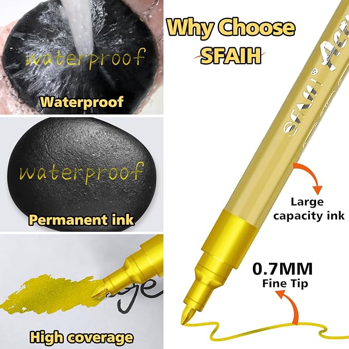 SFAIH Acrylic Gold Paint Pens - 8 Pack 2-3MM Medium Tip & 0.7MM Extra Fine Gold Markers Permanent for Rock, Wood, Metal, Fabric, Plastic, Glass, Ceramic, Diy Crafts, Large Ink Capacity, High Coverage