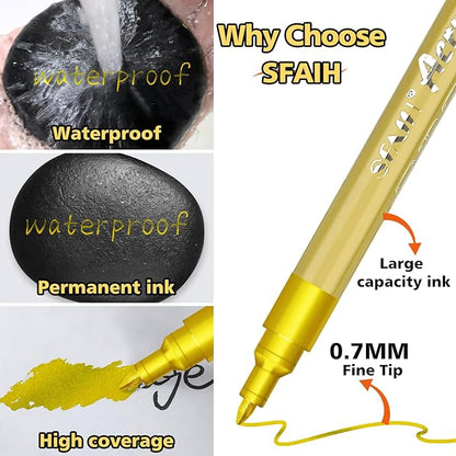 SFAIH Acrylic Gold Paint Pens - 8 Pack 2-3MM Medium Tip & 0.7MM Extra Fine Gold Markers Permanent for Rock, Wood, Metal, Fabric, Plastic, Glass, Ceramic, Diy Crafts, Large Ink Capacity, High Coverage