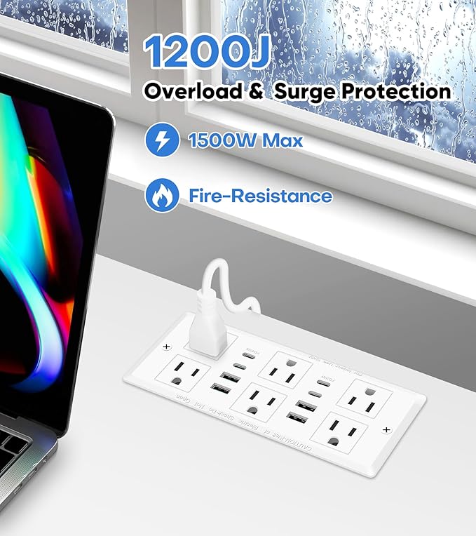 Recessed Power Strip with 45W USB C, Furniture Desk Flush Mount Outlet, Ultra Thin Flat Plug Power Strip, 6 Outlets & 8 USB Ports, 10FT Cord (White)