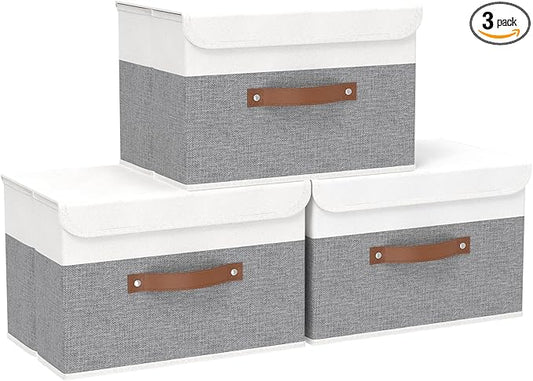 Yawinhe Storage Bins with Lids, Fabric Foldable Boxes, Washable and Leather Handle, Cube Organizer Basket for Home, Closet, White/Grey, 17.7''Lx11.8''Wx11.8''H, 3-Pack, USNK024WGX-3