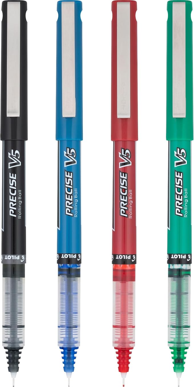 Pilot Precise V5 Capped Liquid Ink Rollerball Pens, Extra Fine Point Ink Pens 0.5 mm, Colored Pens, Assorted Colors, Pack of 4 - Ideal for School, Journaling, & Office Writing