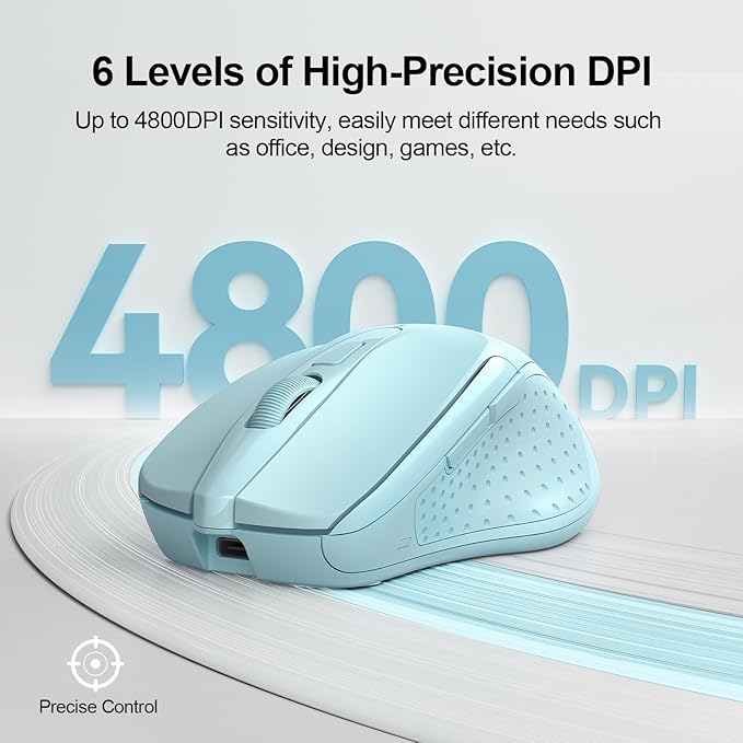 TECKNET Wireless Mouse (BT5.0/3.0 & 2.4G) Rechargeable 4800 DPI Silent USB A & Bluetooth Mouse 6 Buttons, Wide Compatibility - Lightblue