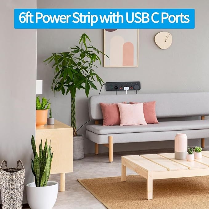 UK Plug Power Strip with Individual Swtich, Jumpso 6ft Universal Extension Cord with 5 Outlets and 2 USB 4 USB C Ports, Max 3000w, 110-240v, Multiple Outlets Plug Adapter for Office Travel