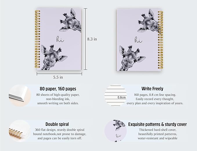 Giraffe Notebook Journal,Purple Cute Animal Notebook Journal for School Women Teen Girls Kids,Gifts for Giraffe Lovers,Hardcover Spiral Notebooks for Work Notes Journaling,5.5x8.3 Inch
