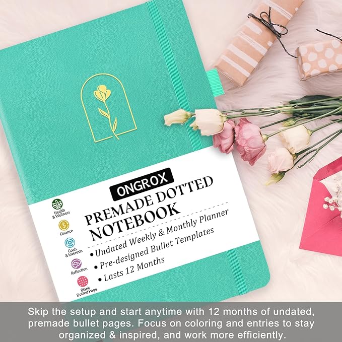 Premade Bullet Style Notebook with Undated Weekly & Monthly Planner, Dotted Journal with Pre-made Bullet Planner Stencils, Dot Grid Journaling with Habits & Mood Tracker, 12 Month Organization, A5