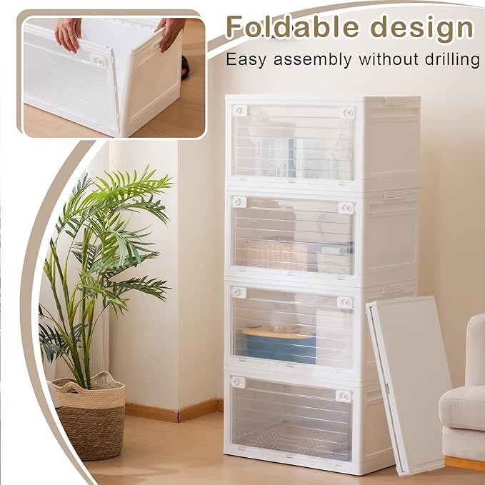 4-Tier 101QT Stackable Storage Bins with Lid, Doors & Wheels, Collapsible Plastic Organizer Bins for Closet Bedroom, White