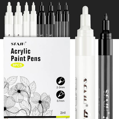 SFAIH Black & White Acrylic Paint Markers - 8 Pack 2-3MM Medium Tip & 0.7MM Extra Fine Paint Pens for Rock Painting, Wood, Metal, Fabric, Plastic, Canvas, Glass, Ceramic, Diy Crafts