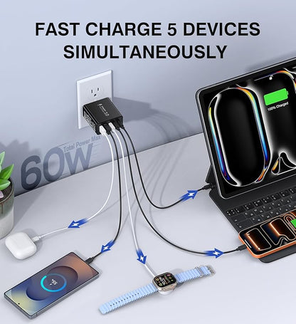 [2-Pack] USB C Wall Charger, 60W USB C Charger Block 5-Port PD Fast Charging Blocks,2USB C+3USB A Multiport Plug,Type C Power Adapter Brick Cube for iPhone 17/16/15/14/13/Pro,Samsung,for Switch（Black）