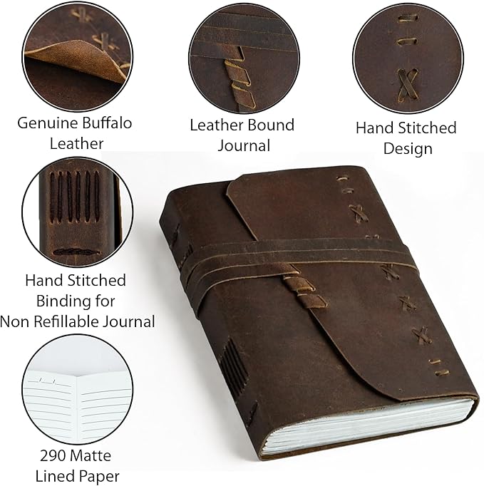 Leather Journal Notebook for Men & Women Daily Vintage Leather Bound Journal Travel Notebook 290 Lined Paper Diary Writing Journal Travelers Scrapbook Poetry Sketchbook Small Leather Gifts with Pen