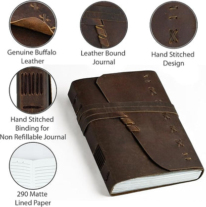 Leather Journal Notebook for Men & Women Daily Vintage Leather Bound Journal Travel Notebook 290 Lined Paper Diary Writing Journal Travelers Scrapbook Poetry Sketchbook Small Leather Gifts with Pen
