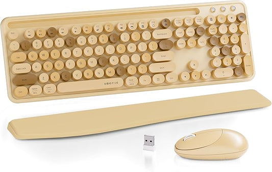 UBOTIE Wireless Keyboard and Mouse Combo with Phone Holder Wrist Rest, Round Colorful Keys, Power Switches, 2.4GHz USB Receiver, Full-Size QWERTY Layout for PC Laptop(Milk-Tea)