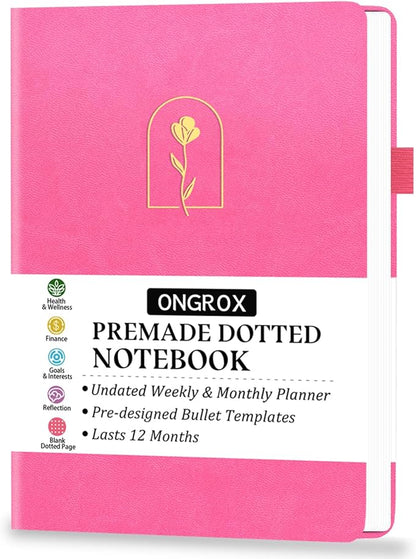 Premade Bullet Style Notebook with Undated Weekly & Monthly Planner, Dotted Journal with Pre-made Bullet Planner Stencils, Dot Grid Journaling with Habits & Mood Tracker, 12 Month Organization, A5