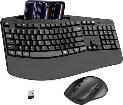 Wireless Keyboard and Mouse Combo, 2.4G Full Size Wave Keys Ergonomic Keyboard with Wrist Rest, Phone Holder, 3-Level DPI Wireless Silent Mouse with 6-Buttons, for Windows, Mac OS, Laptop, PC (Black)